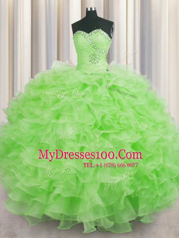 New Arrival Sleeveless Floor Length Beading and Ruffles Lace Up Vestidos de Quinceanera with