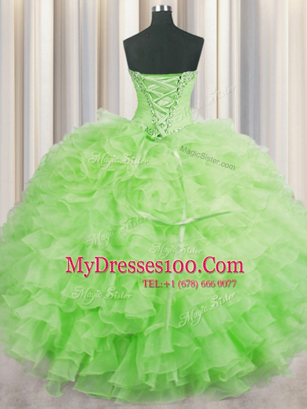 New Arrival Sleeveless Floor Length Beading and Ruffles Lace Up Vestidos de Quinceanera with