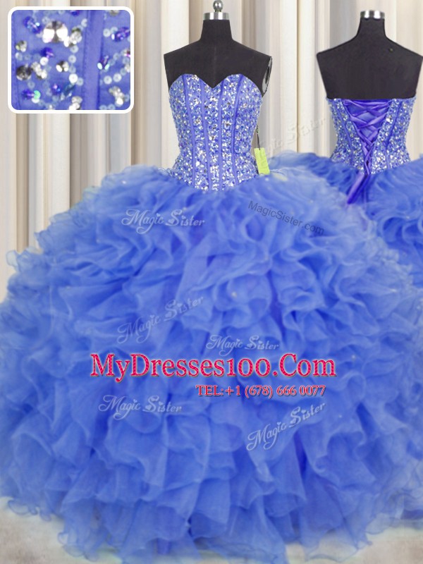 Visible Boning Blue Sleeveless Organza Lace Up Quinceanera Dresses for Military Ball and Sweet 16 and Quinceanera