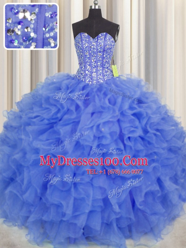 Visible Boning Blue Sleeveless Organza Lace Up Quinceanera Dresses for Military Ball and Sweet 16 and Quinceanera