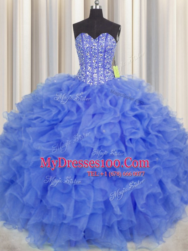 Visible Boning Blue Sleeveless Organza Lace Up Quinceanera Dresses for Military Ball and Sweet 16 and Quinceanera