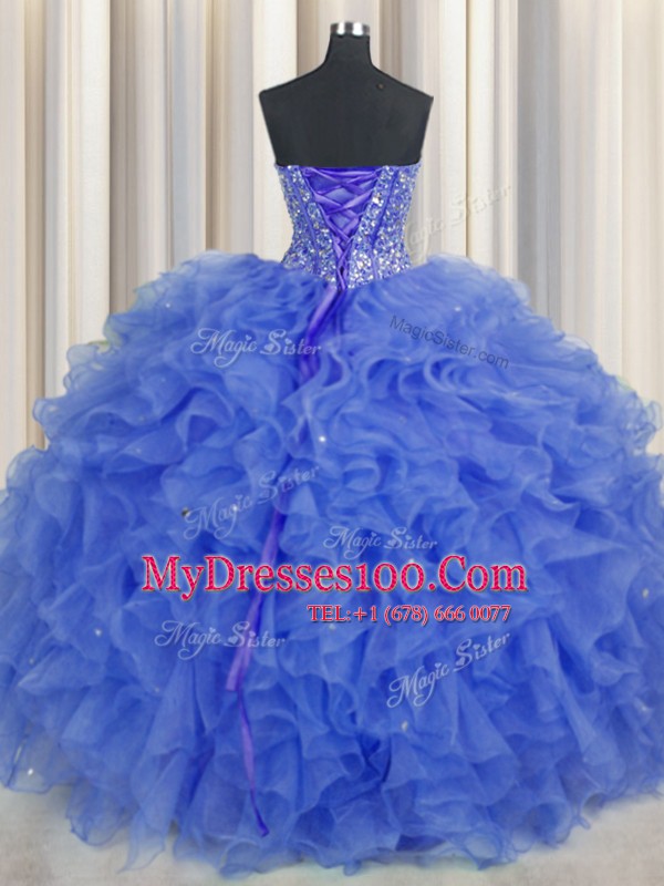 Visible Boning Blue Sleeveless Organza Lace Up Quinceanera Dresses for Military Ball and Sweet 16 and Quinceanera