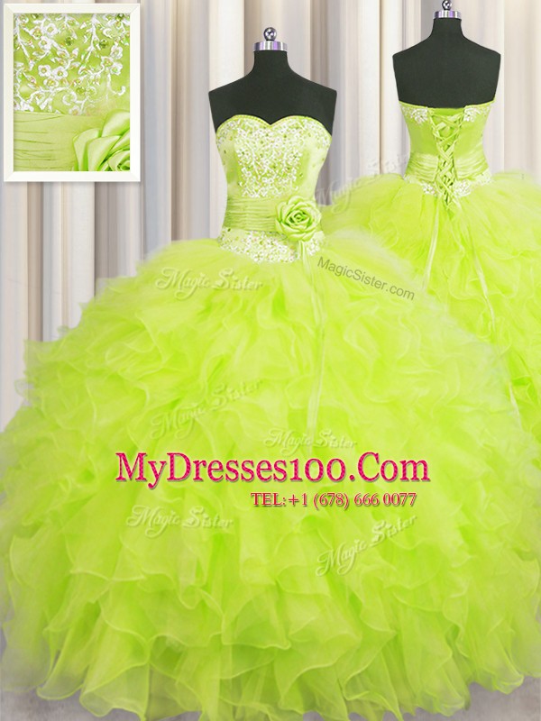 Unique Handcrafted Flower Floor Length Yellow Green Quinceanera Gown Organza Sleeveless Beading and Ruffles and Hand Made Flower