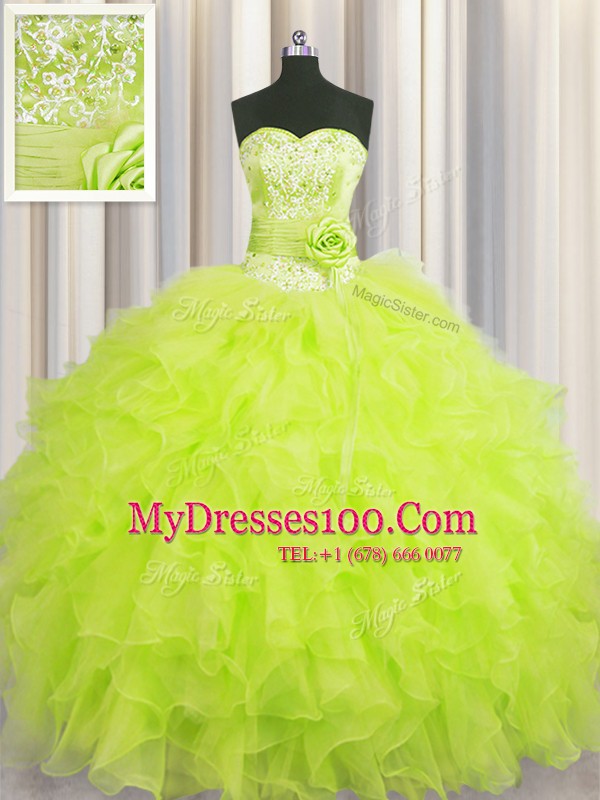 Unique Handcrafted Flower Floor Length Yellow Green Quinceanera Gown Organza Sleeveless Beading and Ruffles and Hand Made Flower