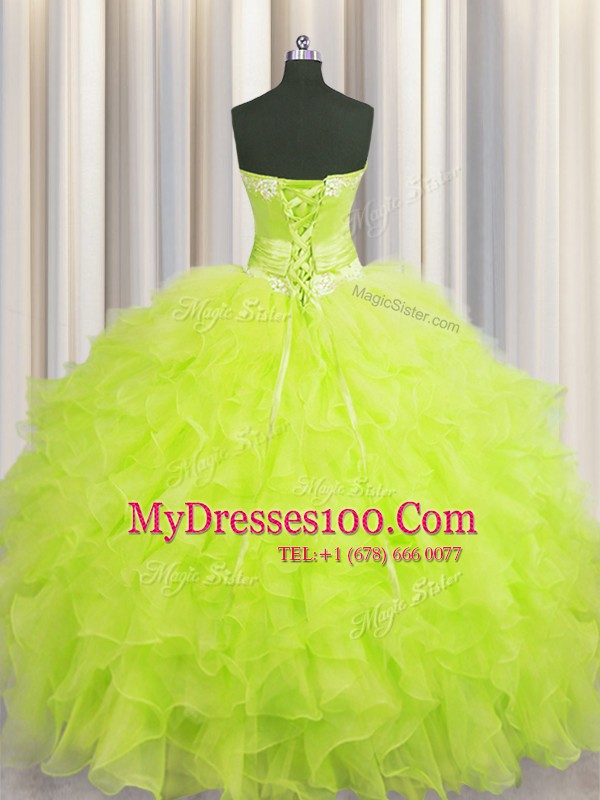 Unique Handcrafted Flower Floor Length Yellow Green Quinceanera Gown Organza Sleeveless Beading and Ruffles and Hand Made Flower