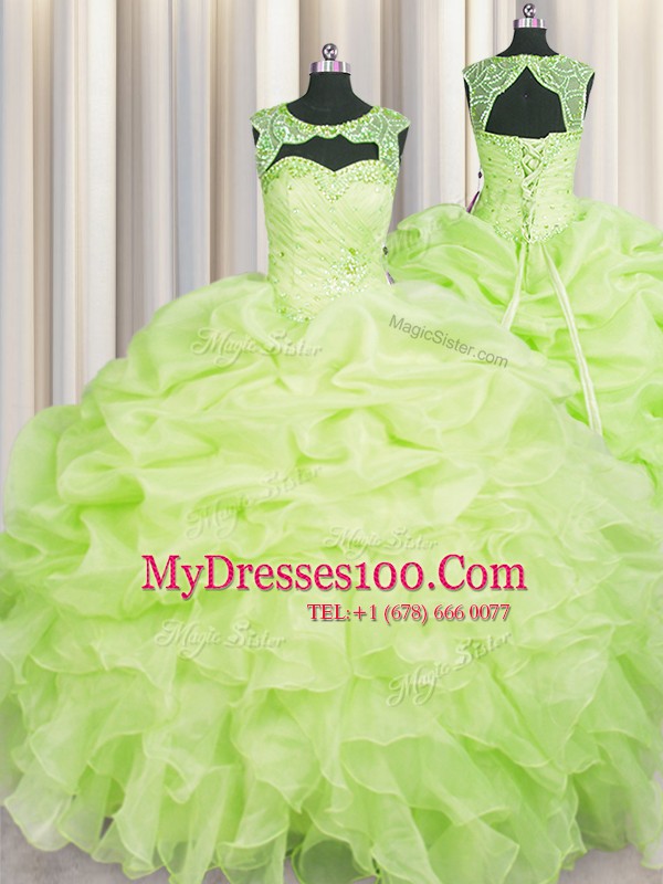 Scoop Pick Ups Floor Length Ball Gowns Sleeveless Yellow Green 15th Birthday Dress Lace Up