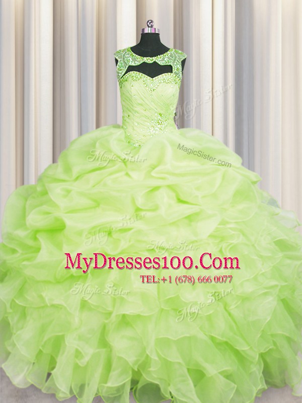 Scoop Pick Ups Floor Length Ball Gowns Sleeveless Yellow Green 15th Birthday Dress Lace Up