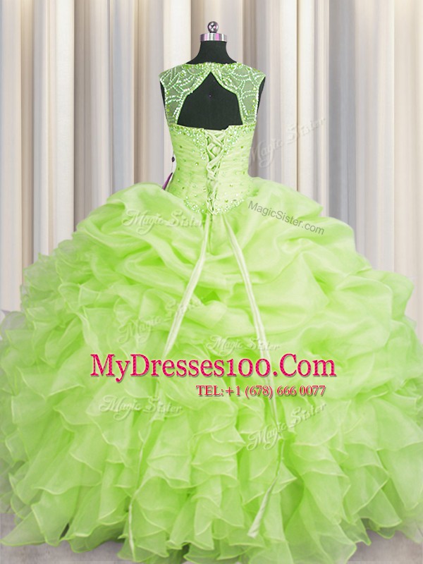 Scoop Pick Ups Floor Length Ball Gowns Sleeveless Yellow Green 15th Birthday Dress Lace Up