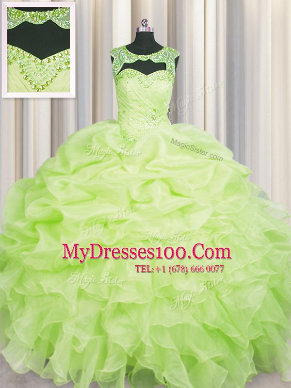 Scoop Pick Ups Floor Length Ball Gowns Sleeveless Yellow Green 15th Birthday Dress Lace Up