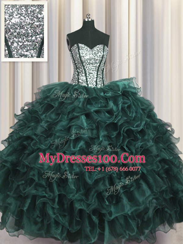 Visible Boning Organza and Sequined Sweetheart Sleeveless Lace Up Ruffles and Sequins Quinceanera Gowns in Peacock Green