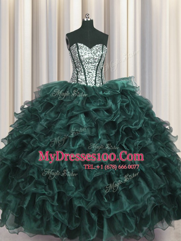 Visible Boning Organza and Sequined Sweetheart Sleeveless Lace Up Ruffles and Sequins Quinceanera Gowns in Peacock Green