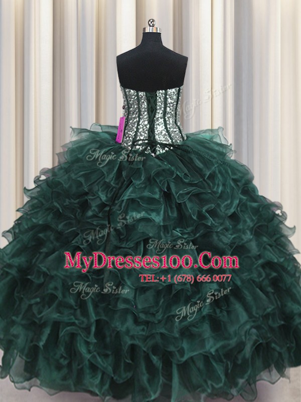 Visible Boning Organza and Sequined Sweetheart Sleeveless Lace Up Ruffles and Sequins Quinceanera Gowns in Peacock Green