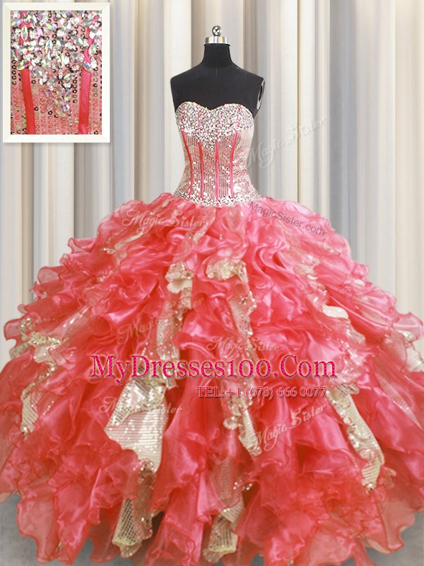 Visible Boning Organza and Sequined Sleeveless Floor Length 15th Birthday Dress and Beading and Ruffles and Sequins
