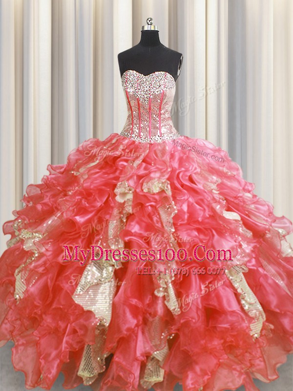 Visible Boning Organza and Sequined Sleeveless Floor Length 15th Birthday Dress and Beading and Ruffles and Sequins