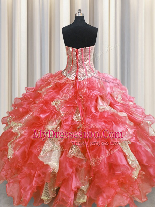 Visible Boning Organza and Sequined Sleeveless Floor Length 15th Birthday Dress and Beading and Ruffles and Sequins