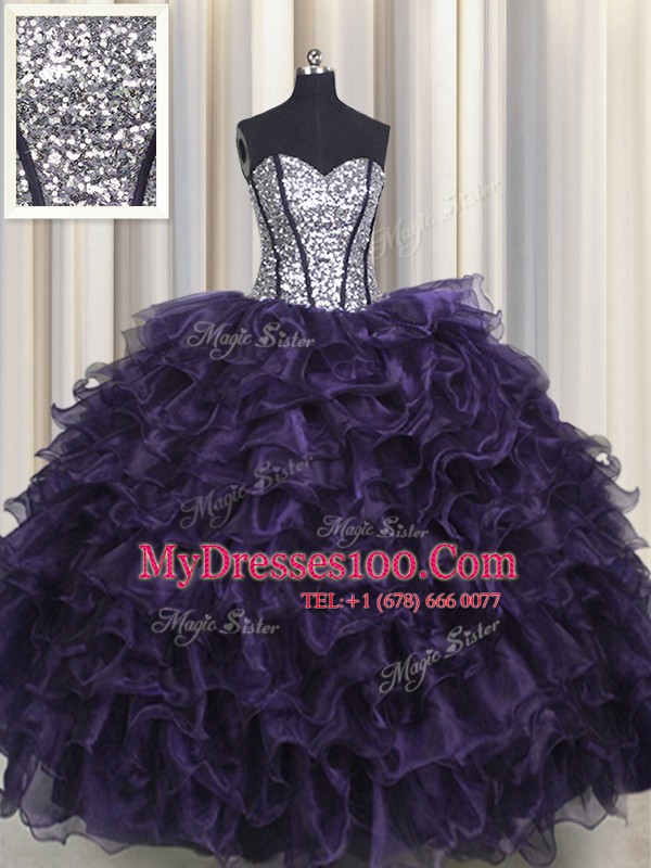 Visible Boning Purple Sweet 16 Dresses Military Ball and Sweet 16 and Quinceanera and For with Ruffles and Sequins Sweetheart Sleeveless Lace Up