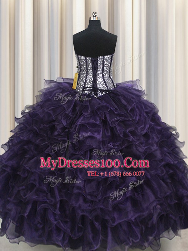 Visible Boning Purple Sweet 16 Dresses Military Ball and Sweet 16 and Quinceanera and For with Ruffles and Sequins Sweetheart Sleeveless Lace Up