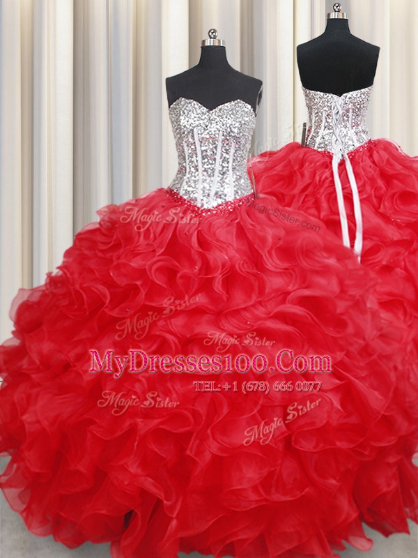 Floor Length Red 15th Birthday Dress Sweetheart Sleeveless Lace Up