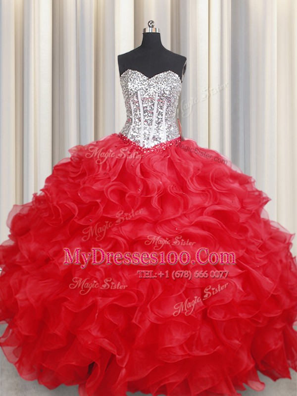 Floor Length Red 15th Birthday Dress Sweetheart Sleeveless Lace Up
