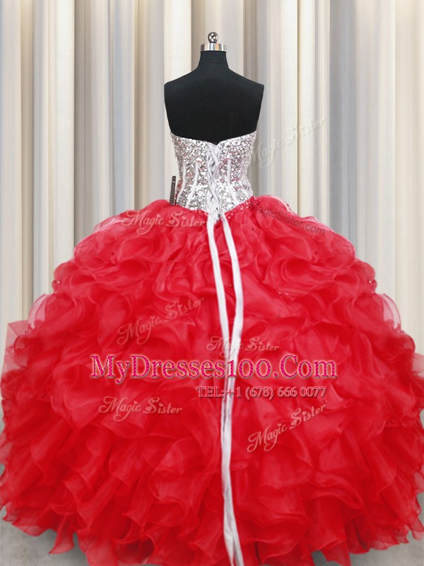 Floor Length Red 15th Birthday Dress Sweetheart Sleeveless Lace Up