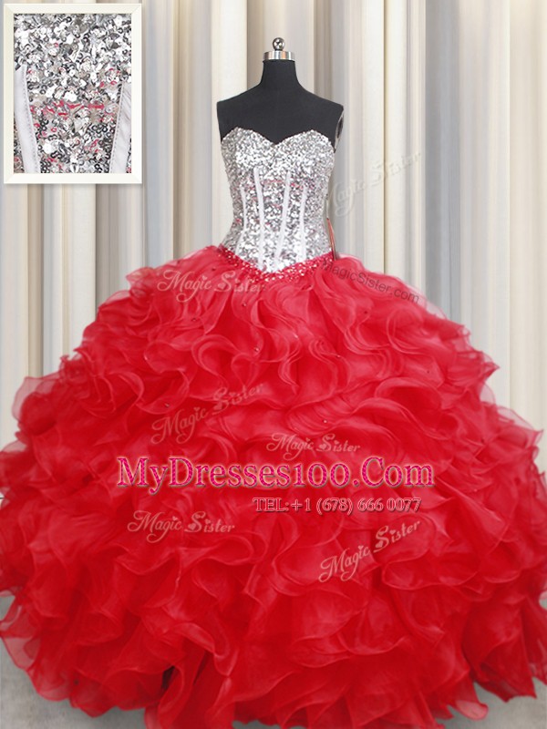 Floor Length Red 15th Birthday Dress Sweetheart Sleeveless Lace Up