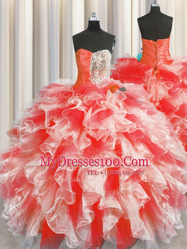 Sleeveless Floor Length Beading and Ruffles Lace Up Vestidos de Quinceanera with Red
