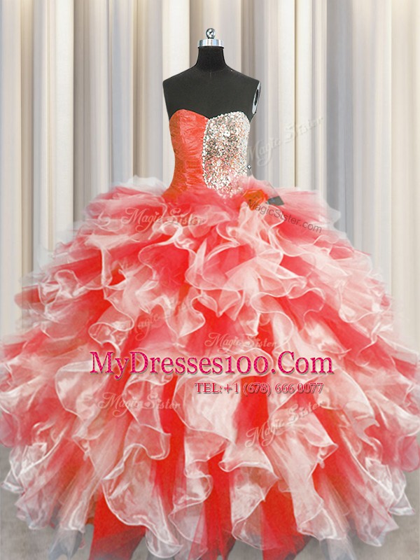 Sleeveless Floor Length Beading and Ruffles Lace Up Vestidos de Quinceanera with Red