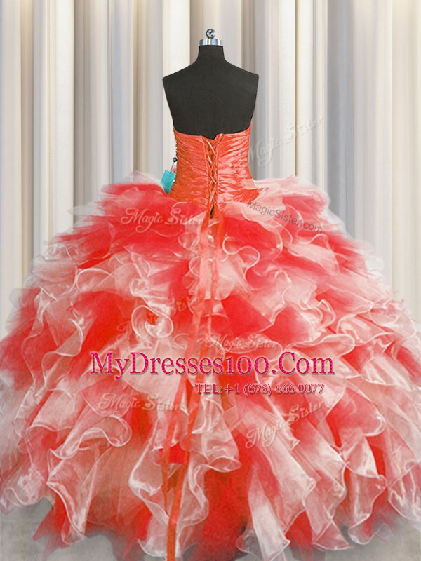 Sleeveless Floor Length Beading and Ruffles Lace Up Vestidos de Quinceanera with Red