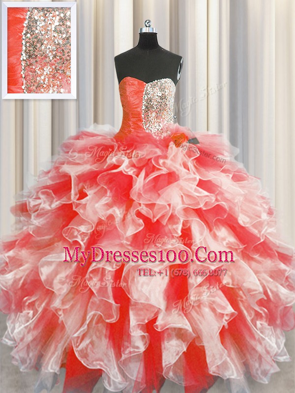 Sleeveless Floor Length Beading and Ruffles Lace Up Vestidos de Quinceanera with Red