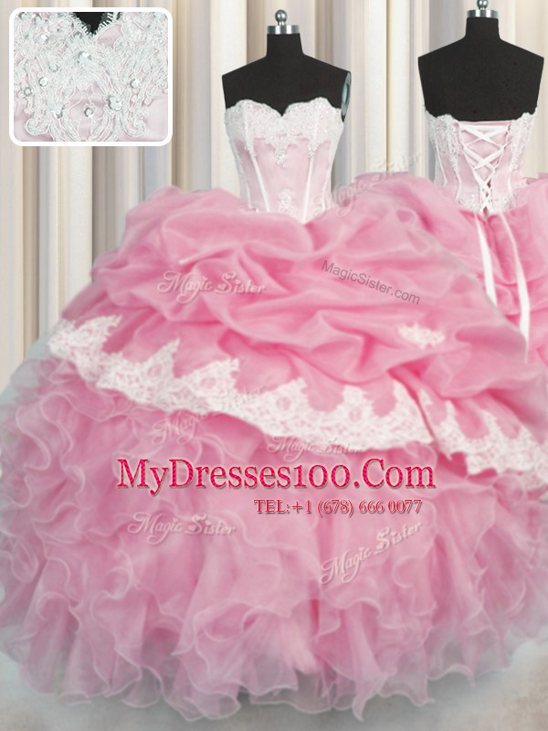 Romantic Organza Sleeveless Floor Length Quinceanera Dress and Beading and Appliques and Ruffles and Pick Ups