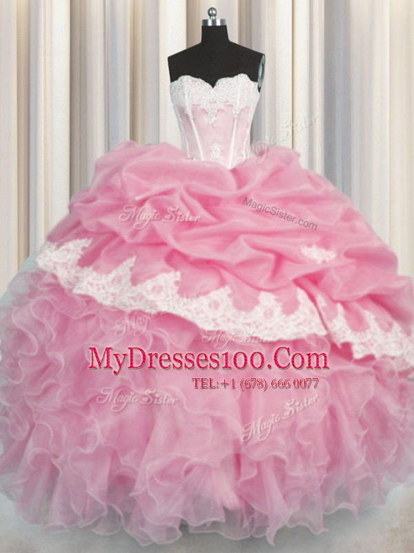 Romantic Organza Sleeveless Floor Length Quinceanera Dress and Beading and Appliques and Ruffles and Pick Ups