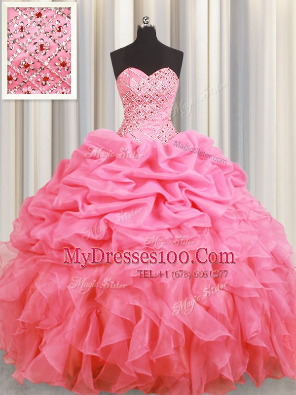 Designer Rose Pink Lace Up Halter Top Beading and Ruffles and Pick Ups Sweet 16 Dress Organza Sleeveless