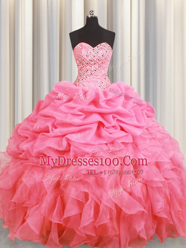 Designer Rose Pink Lace Up Halter Top Beading and Ruffles and Pick Ups Sweet 16 Dress Organza Sleeveless