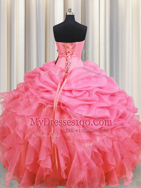 Designer Rose Pink Lace Up Halter Top Beading and Ruffles and Pick Ups Sweet 16 Dress Organza Sleeveless