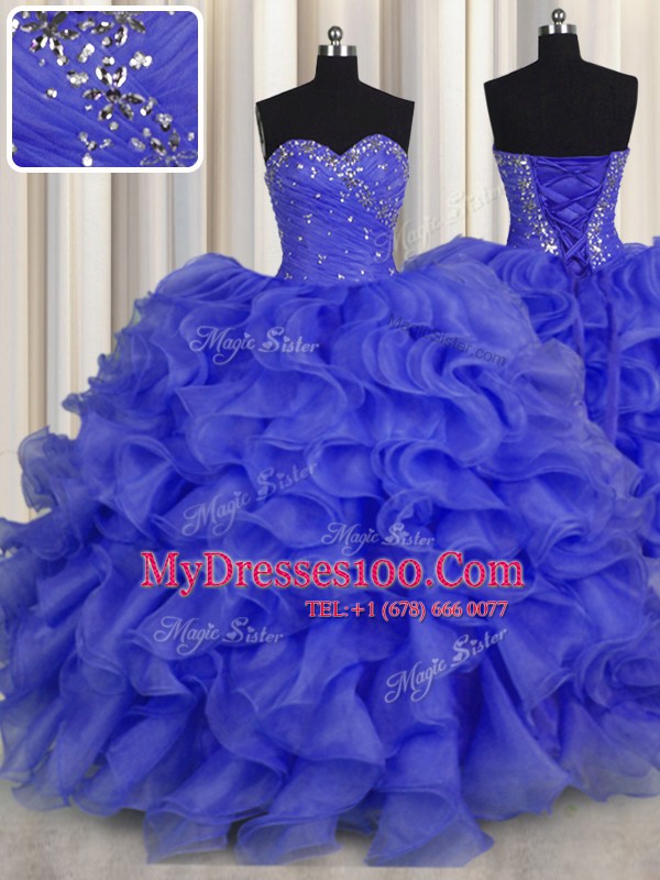 Floor Length Royal Blue 15th Birthday Dress Organza Sleeveless Beading and Ruffles