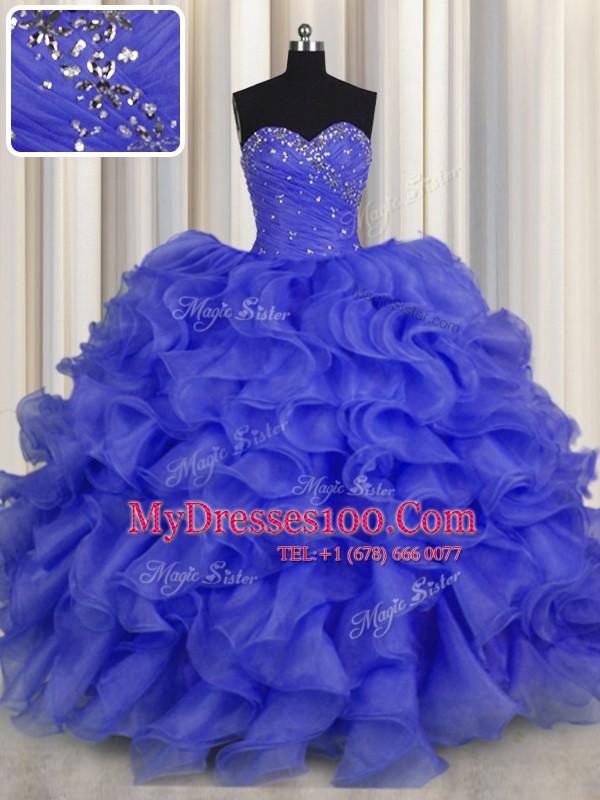 Floor Length Royal Blue 15th Birthday Dress Organza Sleeveless Beading and Ruffles