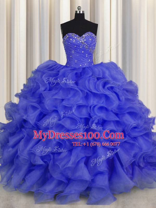Floor Length Royal Blue 15th Birthday Dress Organza Sleeveless Beading and Ruffles