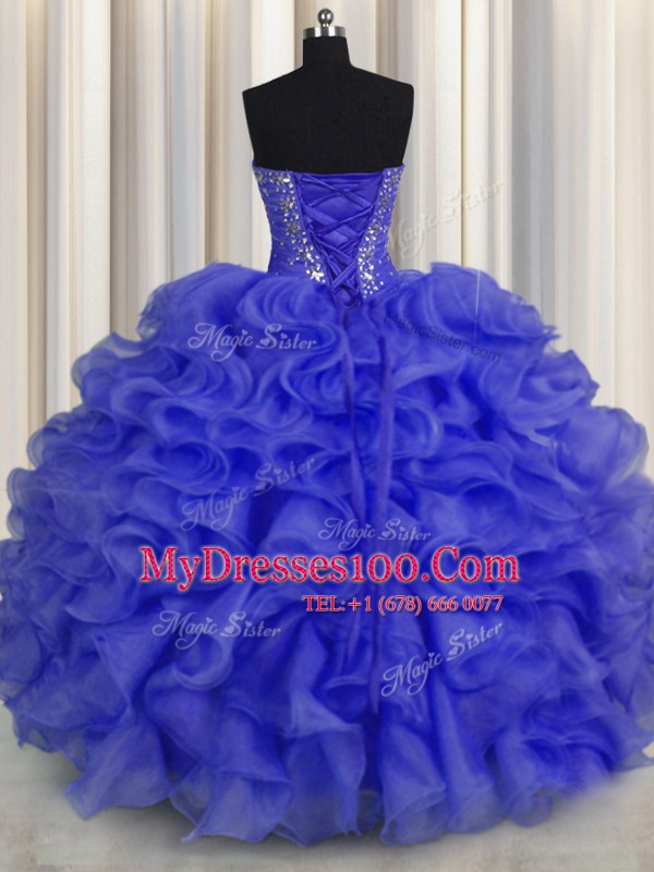 Floor Length Royal Blue 15th Birthday Dress Organza Sleeveless Beading and Ruffles