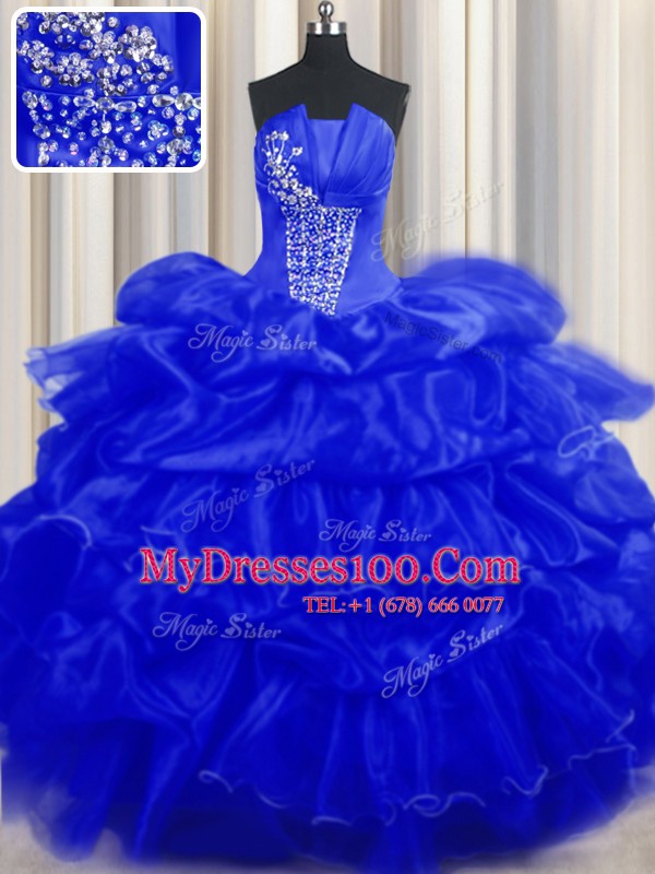 Super Sleeveless Organza Floor Length Lace Up Vestidos de Quinceanera in Royal Blue with Beading and Ruffles and Pick Ups