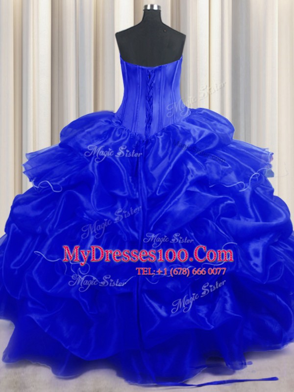 Super Sleeveless Organza Floor Length Lace Up Vestidos de Quinceanera in Royal Blue with Beading and Ruffles and Pick Ups