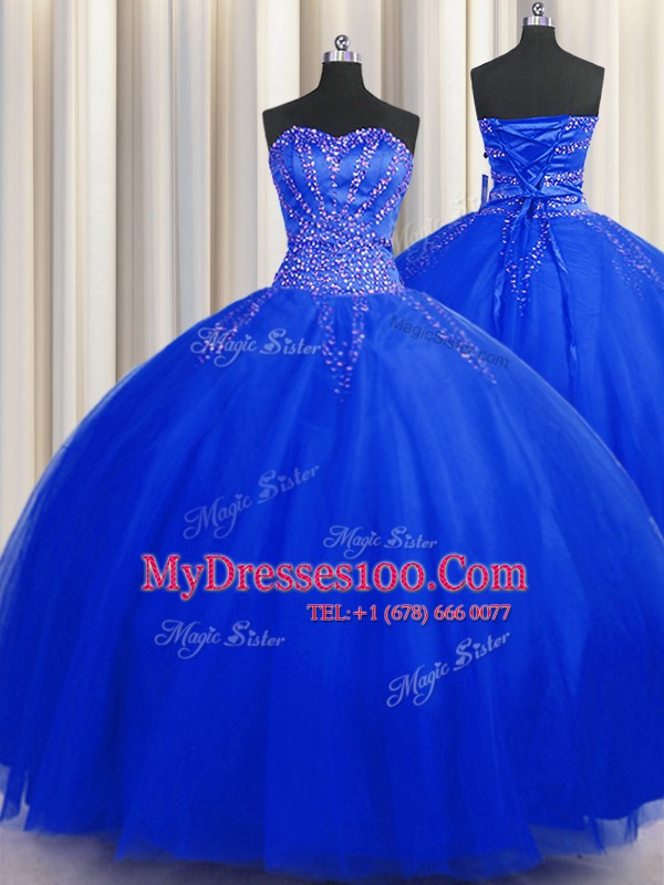 Puffy Skirt Ball Gowns Quinceanera Gown Royal Blue Sweetheart Tulle Sleeveless Floor Length Lace Up