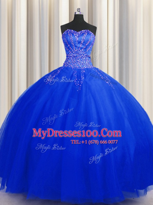 Puffy Skirt Ball Gowns Quinceanera Gown Royal Blue Sweetheart Tulle Sleeveless Floor Length Lace Up