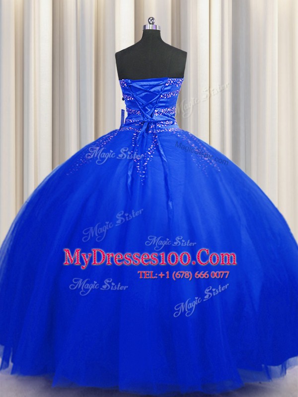 Puffy Skirt Ball Gowns Quinceanera Gown Royal Blue Sweetheart Tulle Sleeveless Floor Length Lace Up