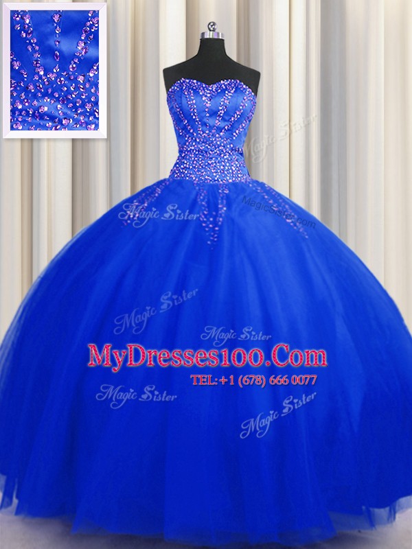 Puffy Skirt Ball Gowns Quinceanera Gown Royal Blue Sweetheart Tulle Sleeveless Floor Length Lace Up