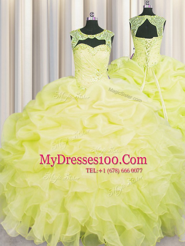 Fabulous Yellow Ball Gowns Scoop Sleeveless Organza Floor Length Lace Up Beading and Pick Ups Sweet 16 Quinceanera Dress