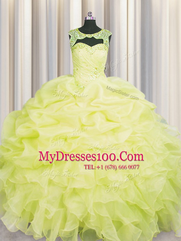 Fabulous Yellow Ball Gowns Scoop Sleeveless Organza Floor Length Lace Up Beading and Pick Ups Sweet 16 Quinceanera Dress