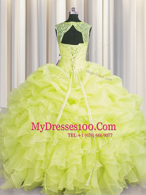 Fabulous Yellow Ball Gowns Scoop Sleeveless Organza Floor Length Lace Up Beading and Pick Ups Sweet 16 Quinceanera Dress
