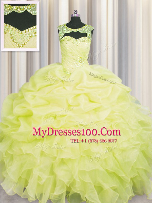 Fabulous Yellow Ball Gowns Scoop Sleeveless Organza Floor Length Lace Up Beading and Pick Ups Sweet 16 Quinceanera Dress