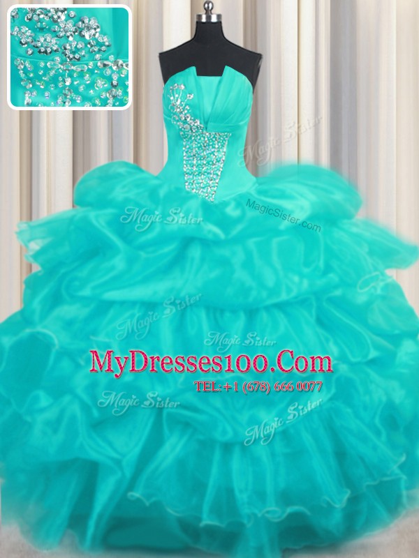 Lovely Pick Ups Ruffled Floor Length Ball Gowns Sleeveless Aqua Blue Ball Gown Prom Dress Lace Up