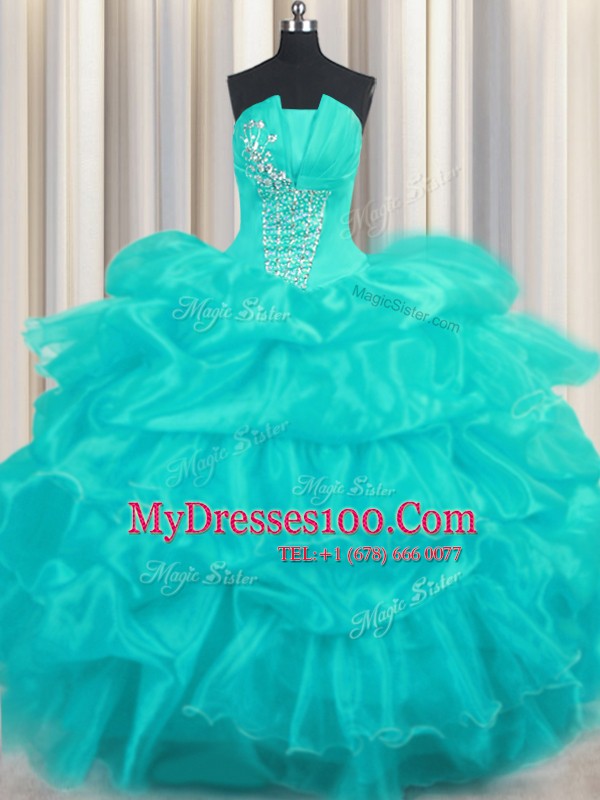 Lovely Pick Ups Ruffled Floor Length Ball Gowns Sleeveless Aqua Blue Ball Gown Prom Dress Lace Up